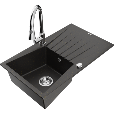 Mexen Cesar 1-compartment granite sink with a drip tray and kitchen mixer tap Elia, Black/Gold metallic - 6514-75-670101-00