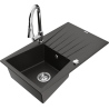 Mexen Cesar 1-compartment granite sink with a drip tray and kitchen mixer tap Elia, Black/Gold metallic - 6514-75-670101-00