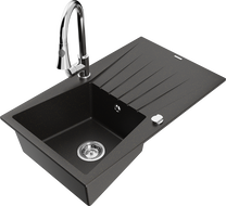 Mexen Cesar 1-compartment granite sink with a drip tray and kitchen mixer tap Elia, Black/Gold metallic - 6514-75-670101-00