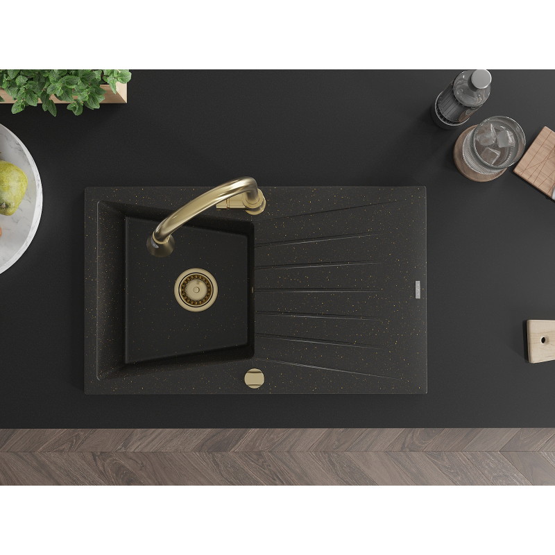 Mexen Cesar 1-bowl granite sink with drainer and kitchen faucet Elia, black/gold metallic - 6514-75-670101-50