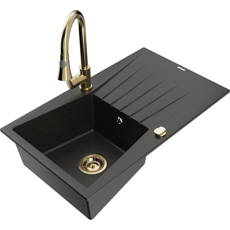 Mexen Cesar 1-bowl granite sink with drainer and kitchen faucet Elia, black/gold metallic - 6514-75-670101-50