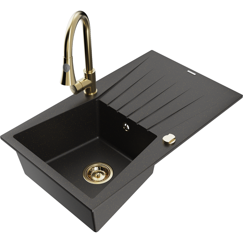Mexen Cesar 1-compartment granite sink with a drip tray and kitchen mixer tap Elia, Black/Gold metallic - 6514-75-670101-50