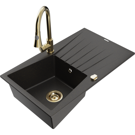 Mexen Cesar 1-compartment granite sink with a drip tray and kitchen mixer tap Elia, Black/Gold metallic - 6514-75-670101-50