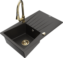Mexen Cesar 1-compartment granite sink with a drip tray and kitchen mixer tap Elia, Black/Gold metallic - 6514-75-670101-50