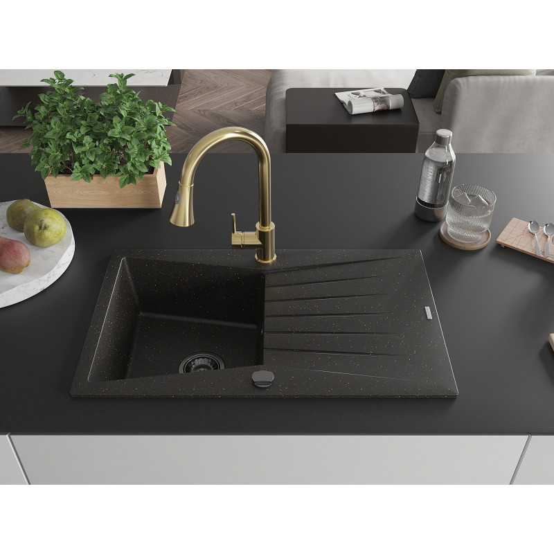 Mexen Cesar 1-bowl granite sink with drainer and kitchen faucet Elia, black/gold metallic - 6514-75-670101-50-B