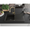 Mexen Cesar granit sink 1-bowl with drainer and Elia kitchen faucet, black/gold metallic - 6514-75-670101-50-B