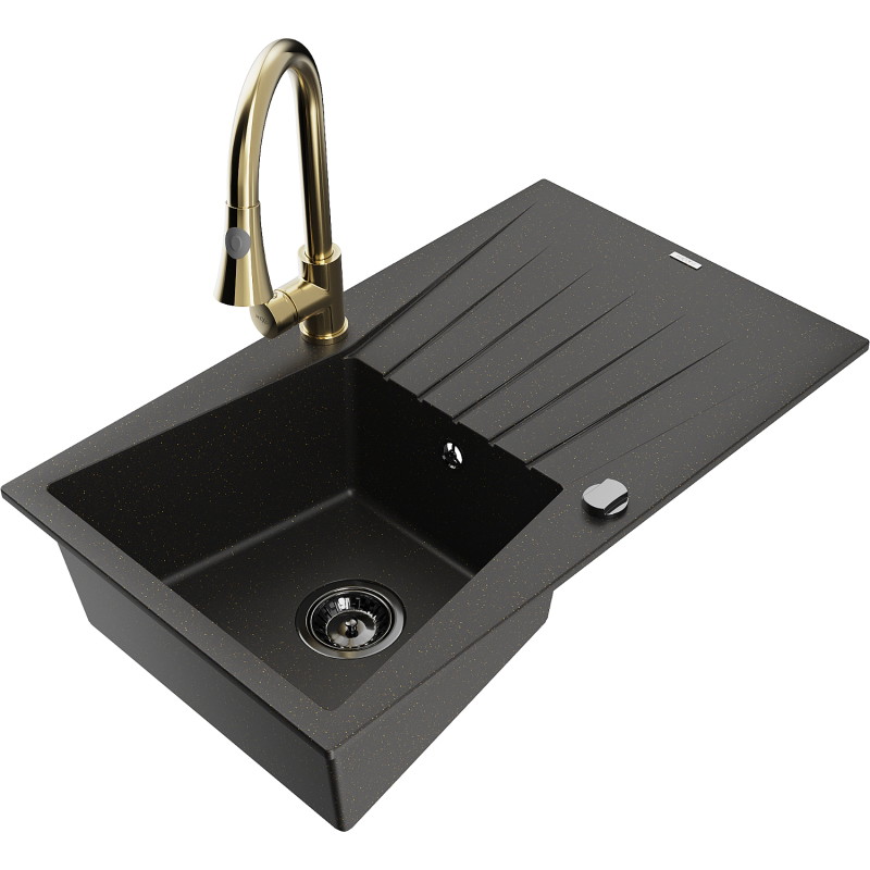 Mexen Cesar 1-bowl granite sink with drainer and kitchen faucet Elia, black/gold metallic - 6514-75-670101-50-B