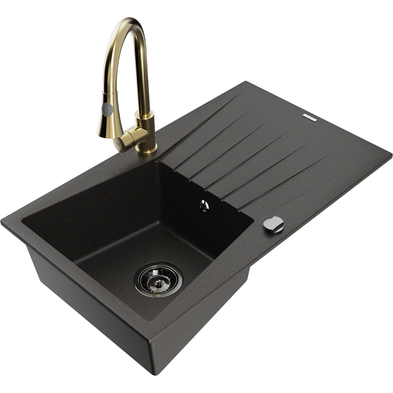 Mexen Cesar 1-compartment granite sink with a drip tray and kitchen mixer tap Elia, Black/Gold metallic - 6514-75-670101-50-B