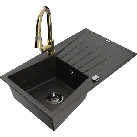Mexen Cesar 1-compartment granite sink with a drip tray and kitchen mixer tap Elia, Black/Gold metallic - 6514-75-670101-50-B