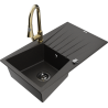 Mexen Cesar 1-compartment granite sink with a drip tray and kitchen mixer tap Elia, Black/Gold metallic - 6514-75-670101-50-B