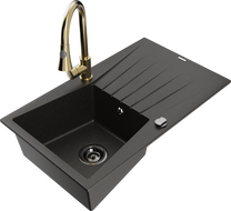 Mexen Cesar 1-compartment granite sink with a drip tray and kitchen mixer tap Elia, Black/Gold metallic - 6514-75-670101-50-B