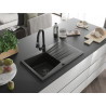 Mexen Cesar 1-bowl granite sink with drainer and Elia kitchen faucet, black/gold metallic - 6514-75-670101-70-B