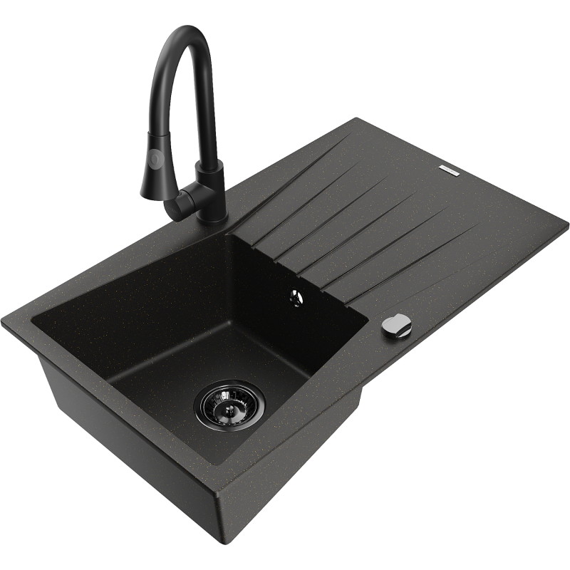 Mexen Cesar granit sink single-bowl with drainer and kitchen faucet Elia, black/golden metallic - 6514-75-670101-70-B