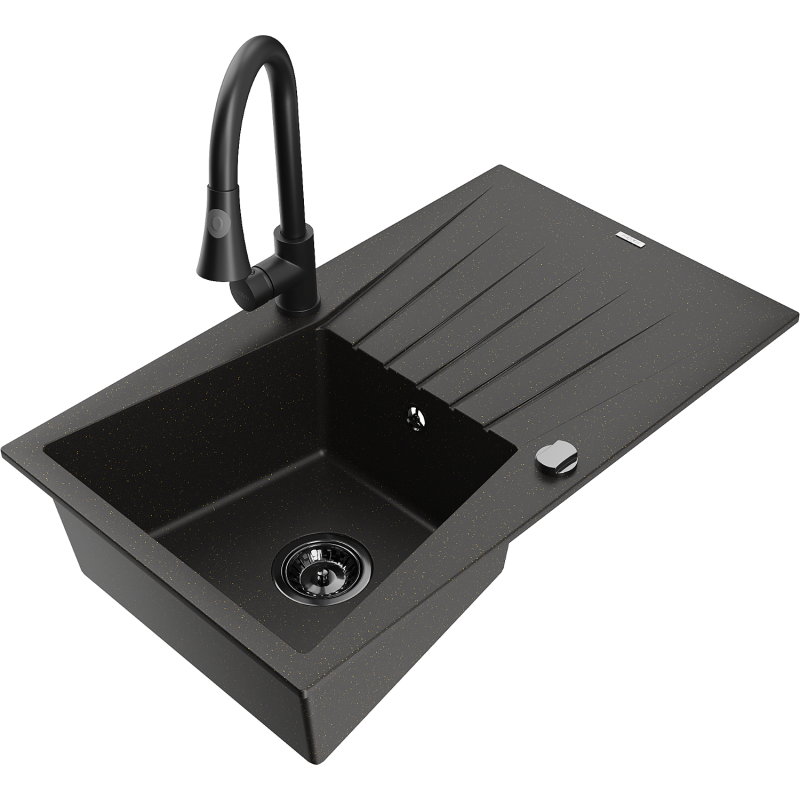 Mexen Cesar granite sink 1-bowl with drainer and kitchen tap Elia, black/gold metallic - 6514-75-670101-70-B
