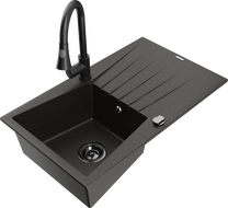 Mexen Cesar 1-compartment granite sink with a drip tray and kitchen mixer tap Elia, Black/Gold metallic - 6514-75-670101-70-B