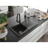 Mexen Cesar granite kitchen sink 1-bowl with drainer and Elia kitchen faucet, black/gold metallic - 6514-75-670101-70