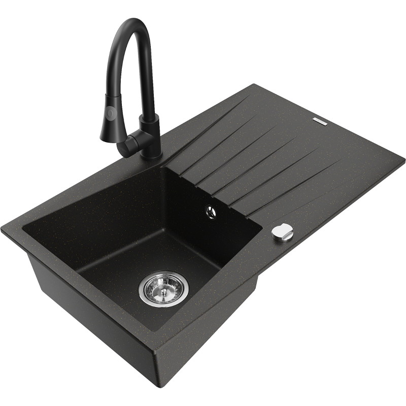 Mexen Cesar granite kitchen sink 1-bowl with drainer and Elia kitchen faucet, black/gold metallic - 6514-75-670101-70