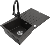 Mexen Cesar 1-compartment granite sink with a drip tray and kitchen mixer tap Elia, Black/Gold metallic - 6514-75-670101-70