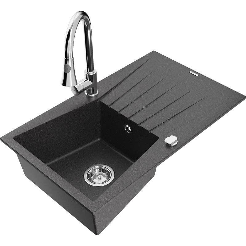 Mexen Cesar granite kitchen sink 1-bowl with drainer and Elia kitchen faucet, black speckled - 6514-76-670101-00