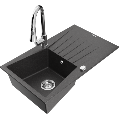 Mexen Cesar 1-bowl granite sink with drainer and kitchen faucet Elia, speckled black - 6514-76-670101-00