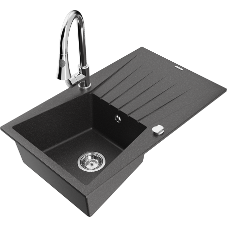 Mexen Cesar granite kitchen sink 1-bowl with drainer and Elia kitchen faucet, black speckled - 6514-76-670101-00