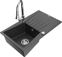 Mexen Cesar granite kitchen sink 1-bowl with drainer and Elia kitchen faucet, black speckled - 6514-76-670101-00
