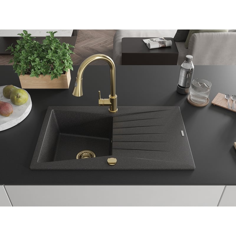 Mexen Cesar 1-bowl granite sink with drainer and Elia kitchen faucet, speckled black - 6514-76-670101-50