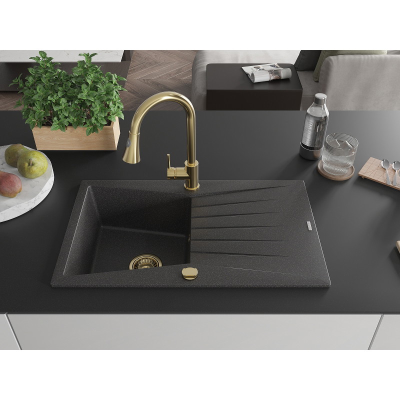Mexen Cesar granite kitchen sink with one basin, drainer, and Elia kitchen faucet, speckled black - 6514-76-670101-50