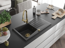 Mexen Cesar granite kitchen sink with one basin, drainer, and Elia kitchen faucet, speckled black - 6514-76-670101-50