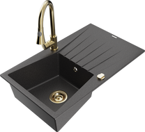 Mexen Cesar granite kitchen sink with one basin, drainer, and Elia kitchen faucet, speckled black - 6514-76-670101-50