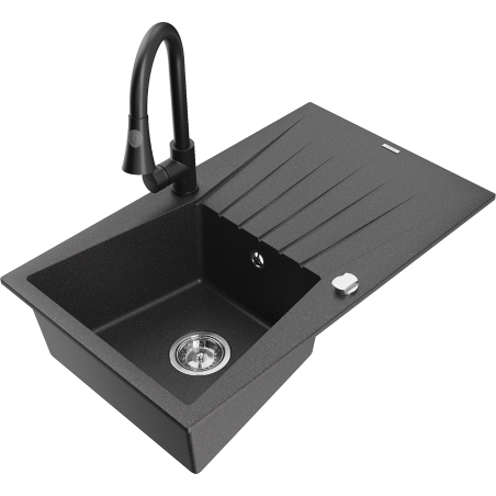 Mexen Cesar granite sink 1-bowl with drainer and Elia kitchen faucet, speckled black - 6514-76-670101-70