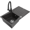Mexen Cesar granite sink 1-bowl with drainer and Elia kitchen faucet, speckled black - 6514-76-670101-70