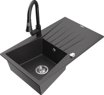 Mexen Cesar 1-Bowl Granite Sink with Drainer and Elia Kitchen Tap, Black Speckled - 6514-76-670101-70