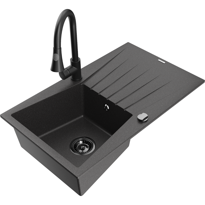 Mexen Cesar 1-bowl granite sink with drainer and Elia kitchen tap, black speckled - 6514-76-670101-70-B