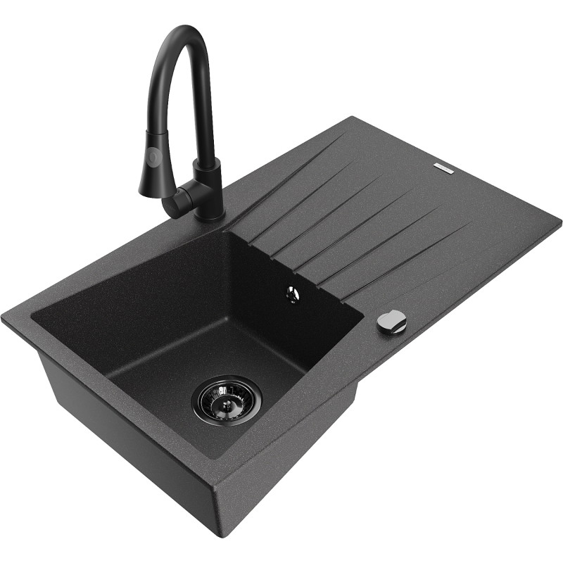 Mexen Cesar single-bowl granite sink with drainer and kitchen faucet Elia, speckled black - 6514-76-670101-70-B