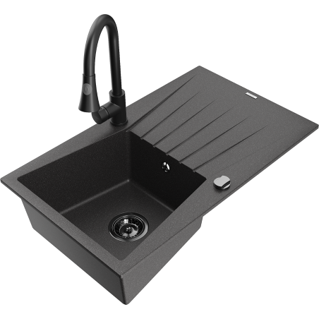 Mexen Cesar 1-bowl granite sink with drainer and Elia kitchen tap, black speckled - 6514-76-670101-70-B