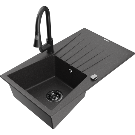 Mexen Cesar single-bowl granite sink with drainer and kitchen faucet Elia, speckled black - 6514-76-670101-70-B
