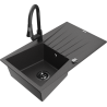 Mexen Cesar 1-bowl granite sink with drainer and Elia kitchen tap, black speckled - 6514-76-670101-70-B