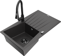 Mexen Cesar granite 1-bowl sink with drainer and Elia kitchen faucet, black speckled - 6514-76-670101-70-B