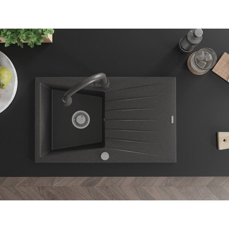 Mexen Cesar 1-bowl granite sink with drainer and Elia kitchen tap, black speckled - 6514-76-670101-76