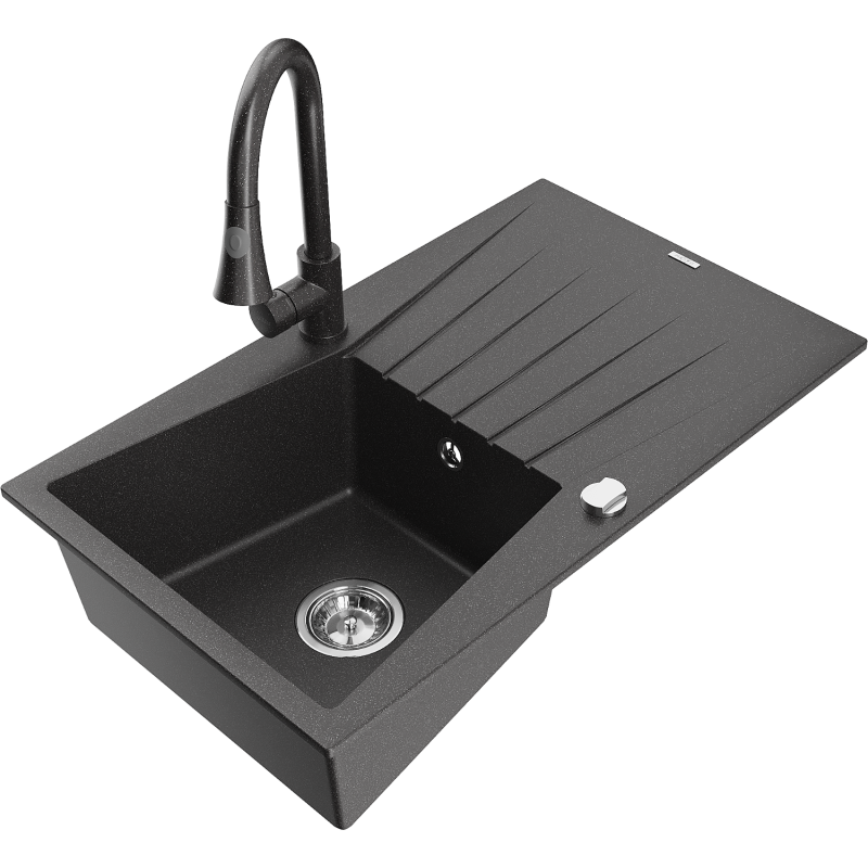Mexen Cesar 1-compartment granite sink with a drip tray and kitchen mixer tap Elia, spotted black - 6514-76-670101-76