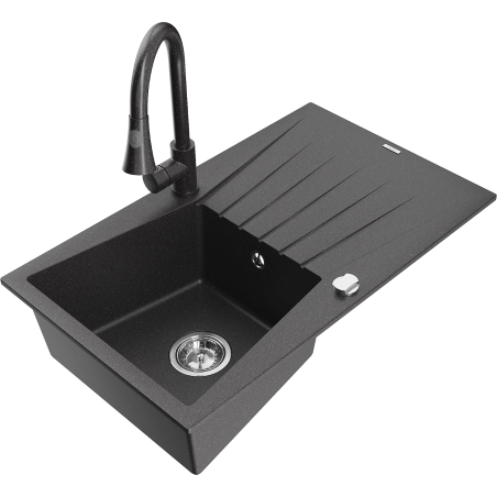 Mexen Cesar granite kitchen sink 1-bowl with drainer and kitchen faucet Elia, black speckled - 6514-76-670101-76