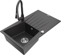 Mexen Cesar granite kitchen sink 1-bowl with drainer and kitchen faucet Elia, black speckled - 6514-76-670101-76