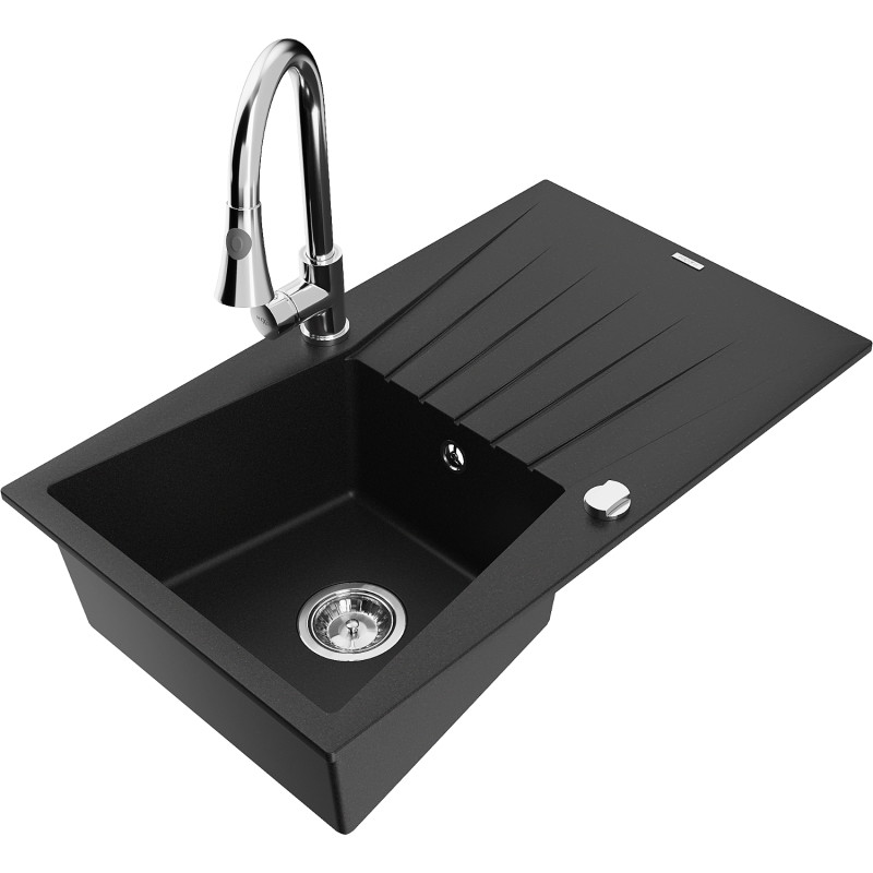 Mexen Cesar granite single-bowl sink with drainer and kitchen faucet Elia, black - 6514-77-670101-00
