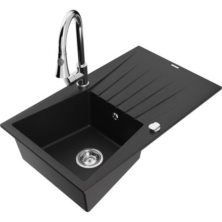 Mexen Cesar 1-bowl granite sink with drainer and Elia kitchen tap, black - 6514-77-670101-00