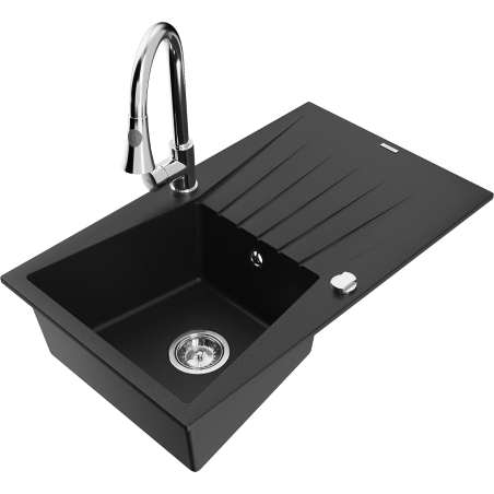Mexen Cesar granite single-bowl sink with drainer and kitchen faucet Elia, black - 6514-77-670101-00