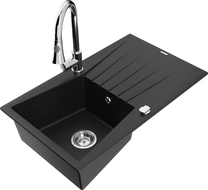Mexen Cesar 1-bowl granite kitchen sink with drainer and Elia kitchen faucet, black - 6514-77-670101-00
