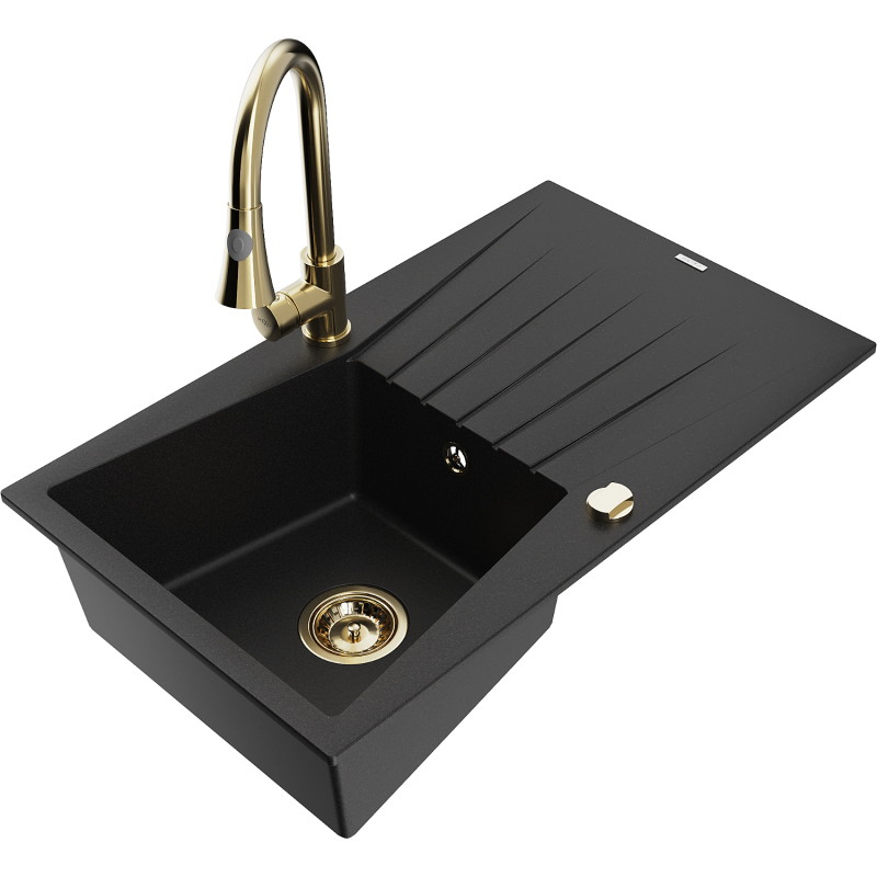 Mexen Cesar 1-bowl granite sink with drainer and Elia kitchen faucet, black - 6514-77-670101-50
