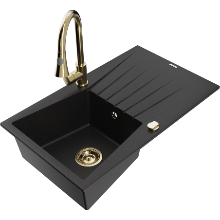 Mexen Cesar 1-compartment granite sink with a drip tray and kitchen mixer tap Elia, Black - 6514-77-670101-50