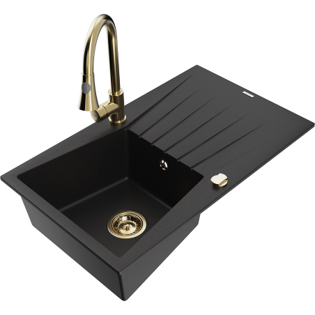 Mexen Cesar single-bowl granite sink with drainer and Elia kitchen tap, black - 6514-77-670101-50